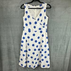 Boden Dress Women 6 White Blue Dot Vanda Broderie Eyelet Sleeveless Midi Pockets